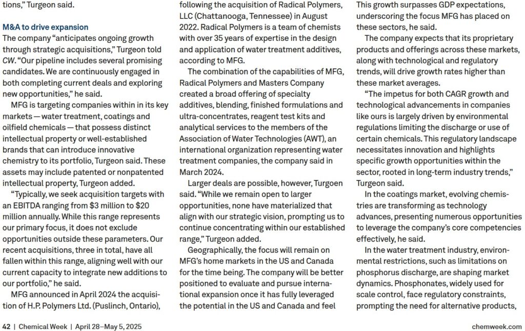 Chemical Week April 28-May 5 MFG Chemical Story on Growth in Water Treatment Page 2